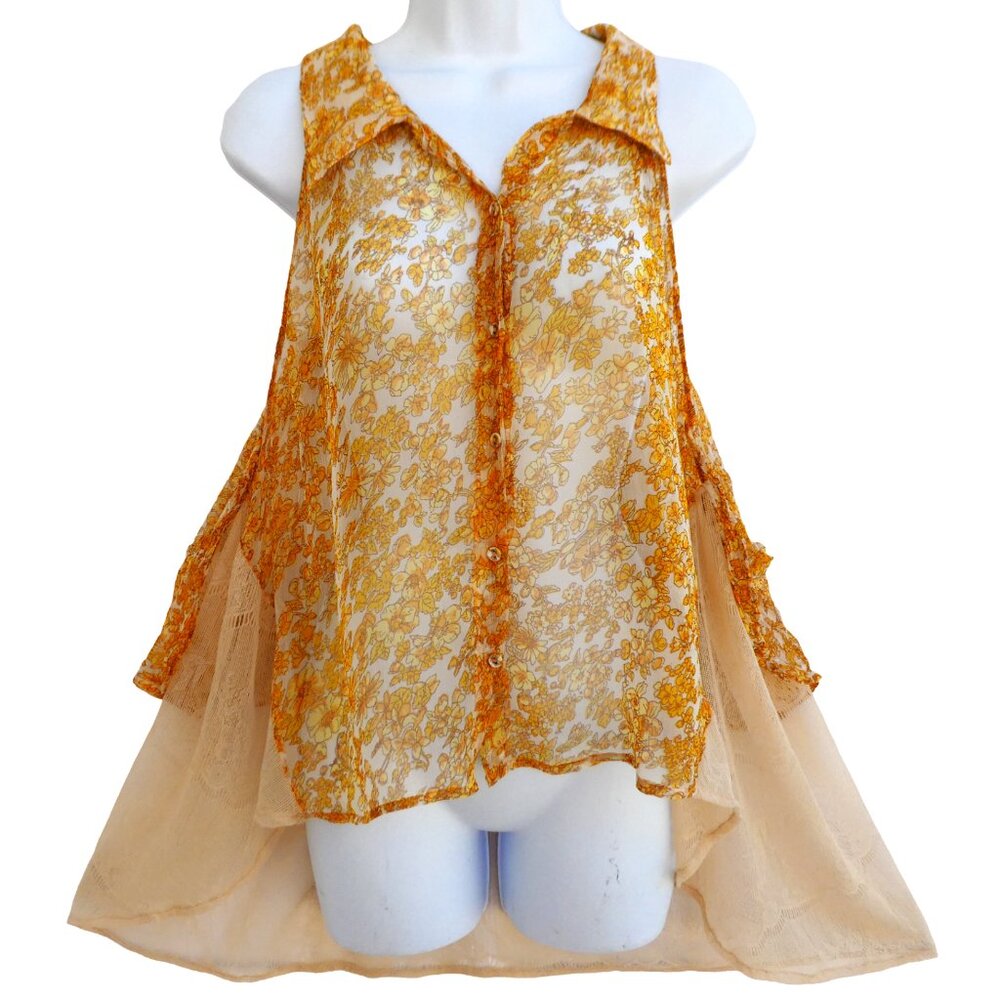 New Romantics Free People Sheer Floral Tunic Top Button Embroidered Back Yellow